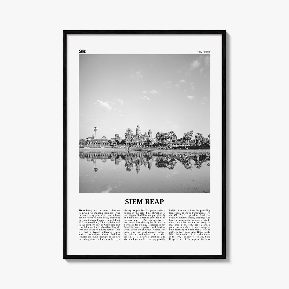 Siem Reap black & white newspaper poster of Cambodia – vertical wall art, unframed print shown in interior mockup