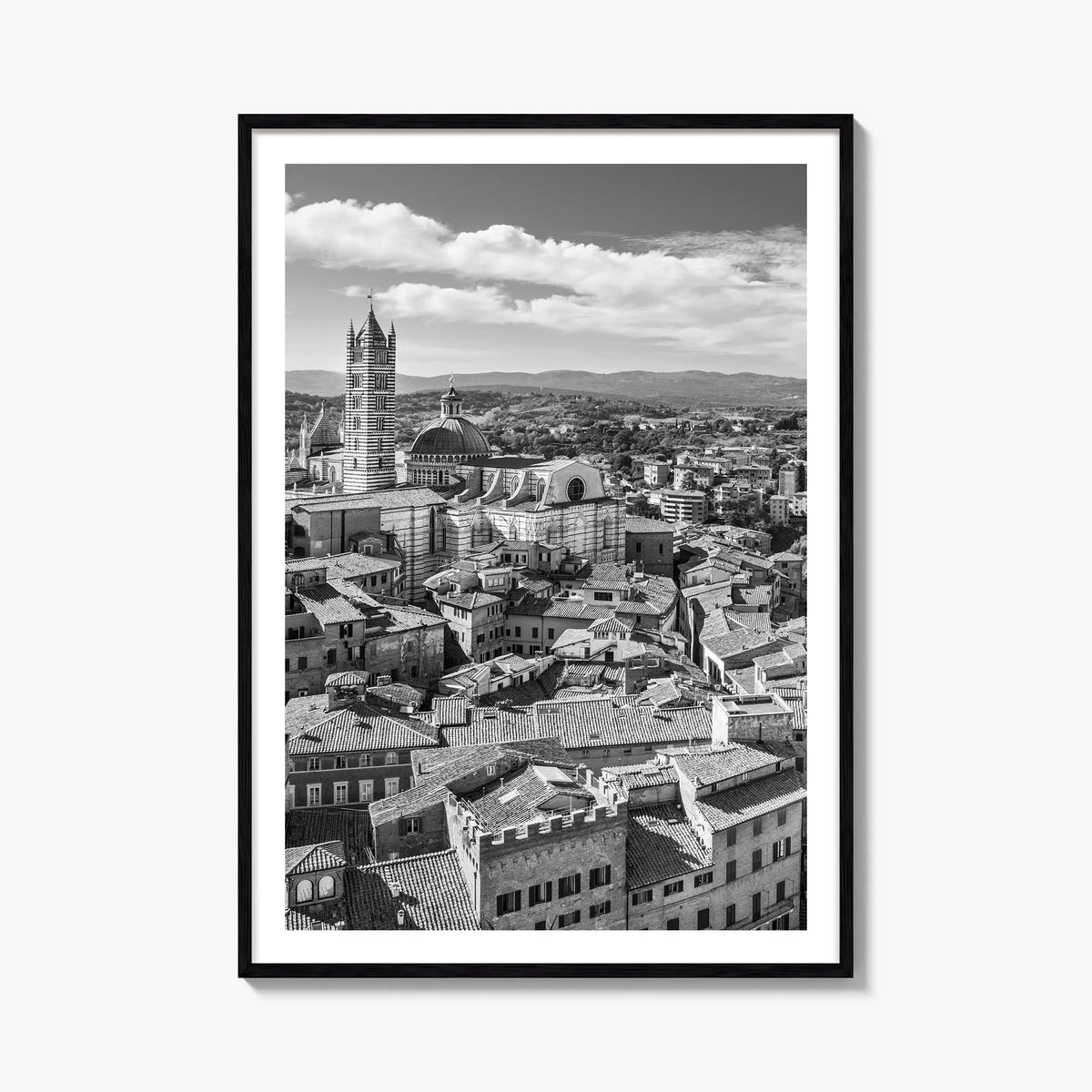 Siena black & white photo poster of Italy – vertical wall art, unframed print shown in interior mockup