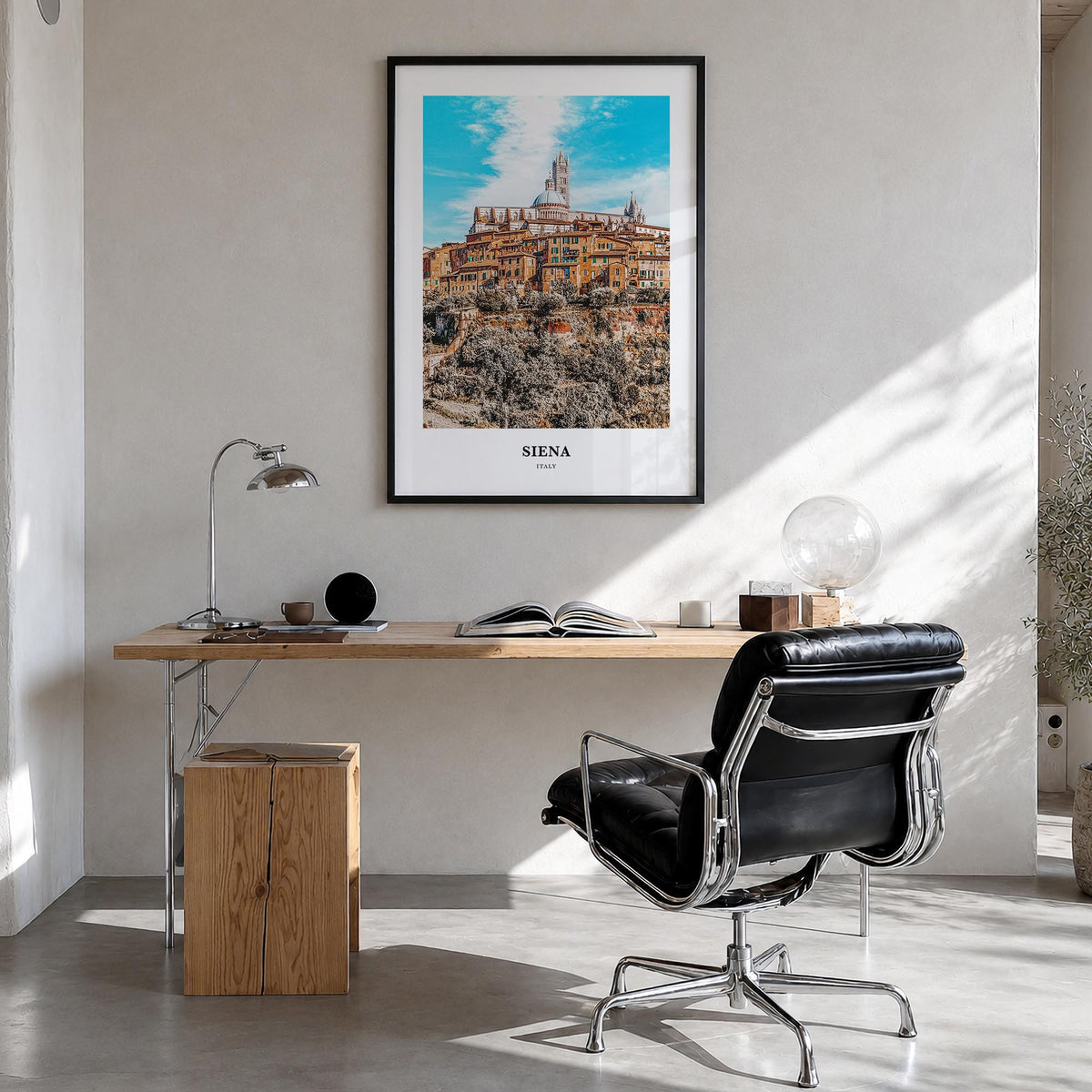 Siena colorful classic poster of Italy – vertical wall art in black wood frame, hanging on wall