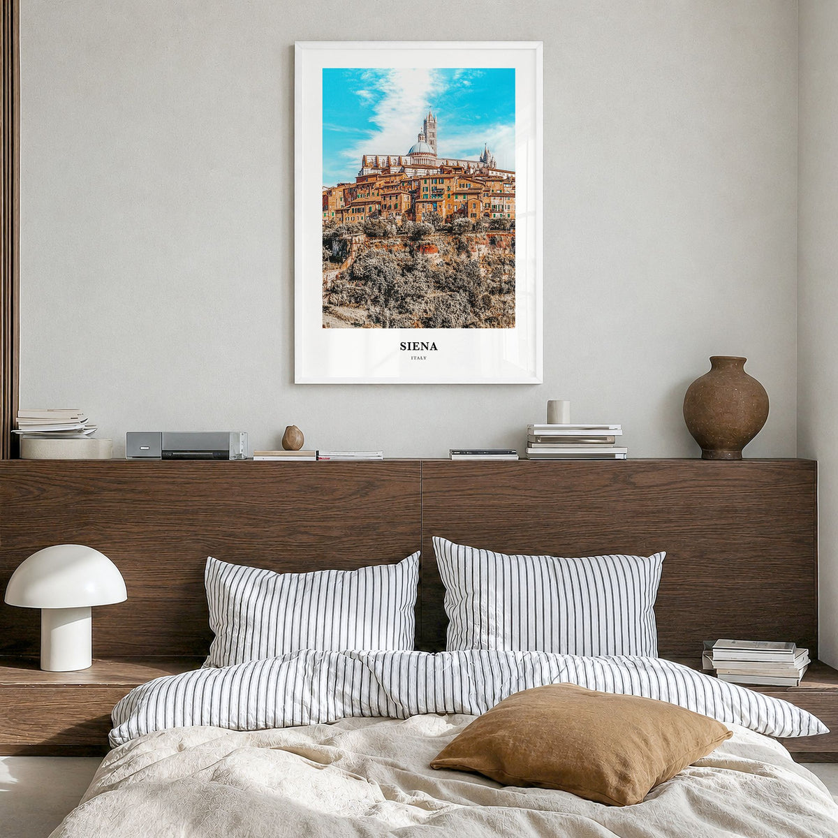 Siena Classic Poster in a white wood frame, hanging in a bedroom