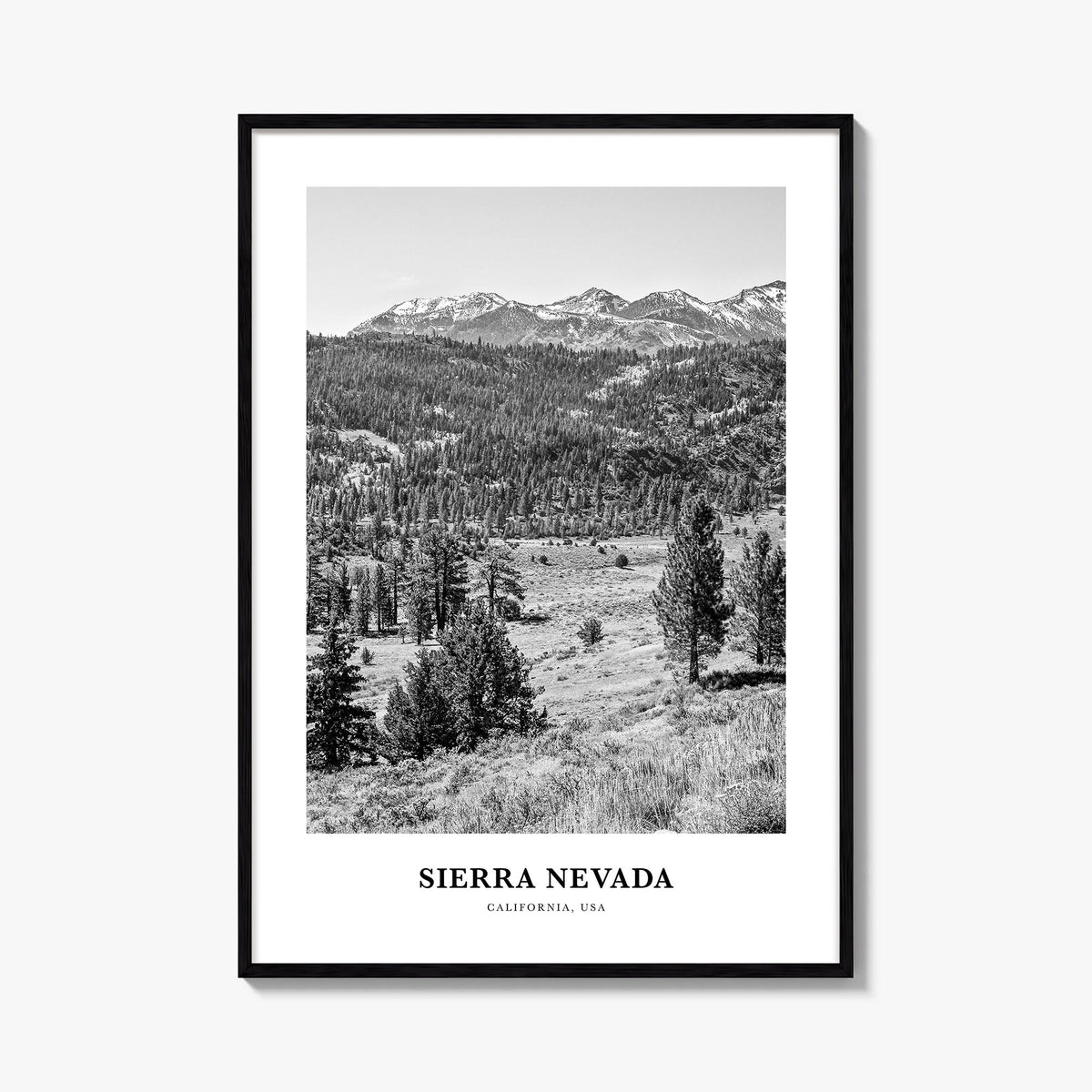Sierra Nevada black & white classic poster of California & Nevada, USA – vertical wall art, unframed print shown in interior