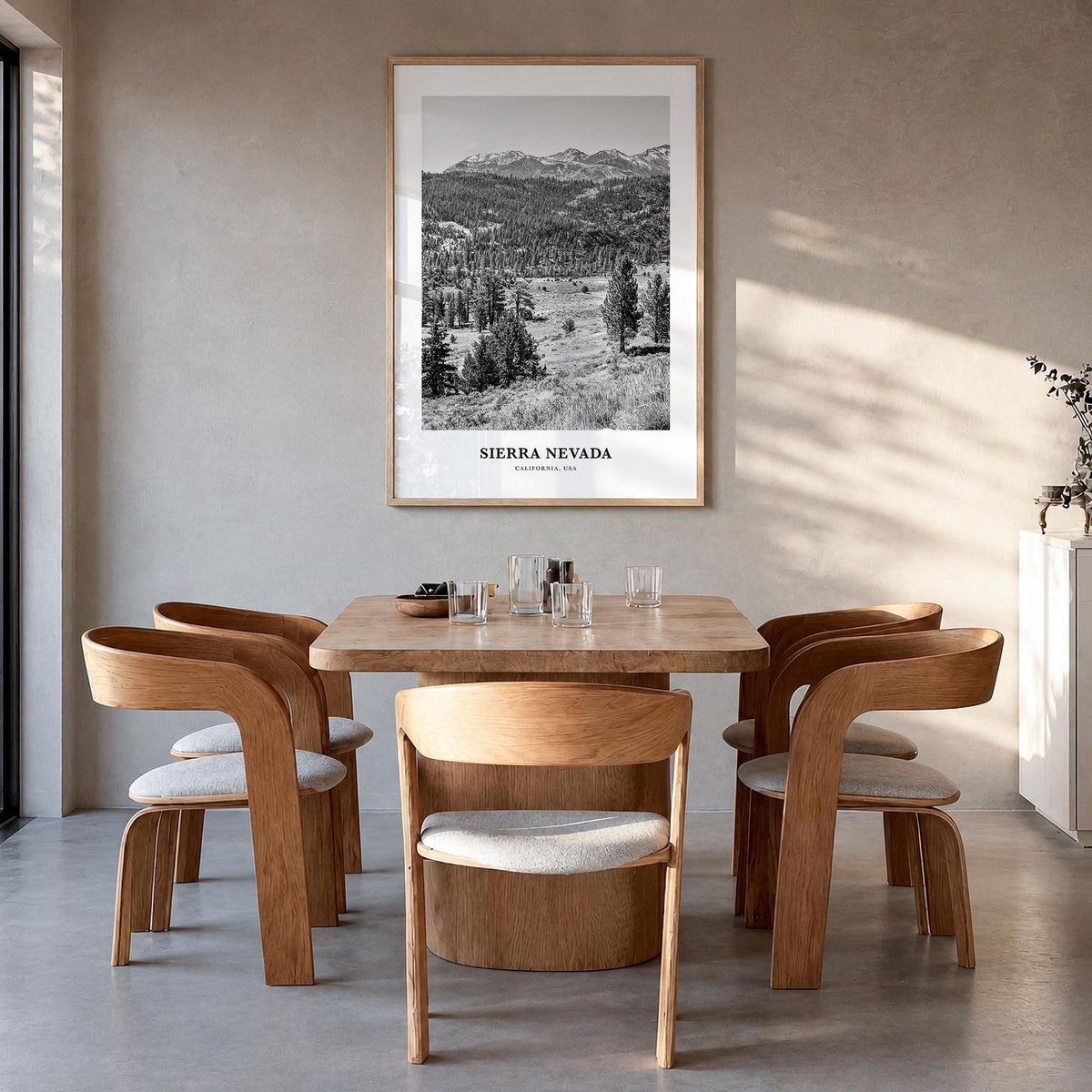 Sierra Nevada black & white classic poster of California & Nevada, USA – vertical wall art in natural wood frame, hanging on