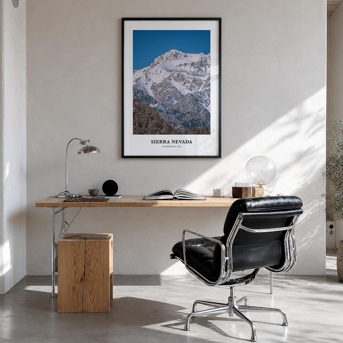 Sierra Nevada colorful classic poster of California & Nevada, USA – vertical wall art in black wood frame, hanging on wall