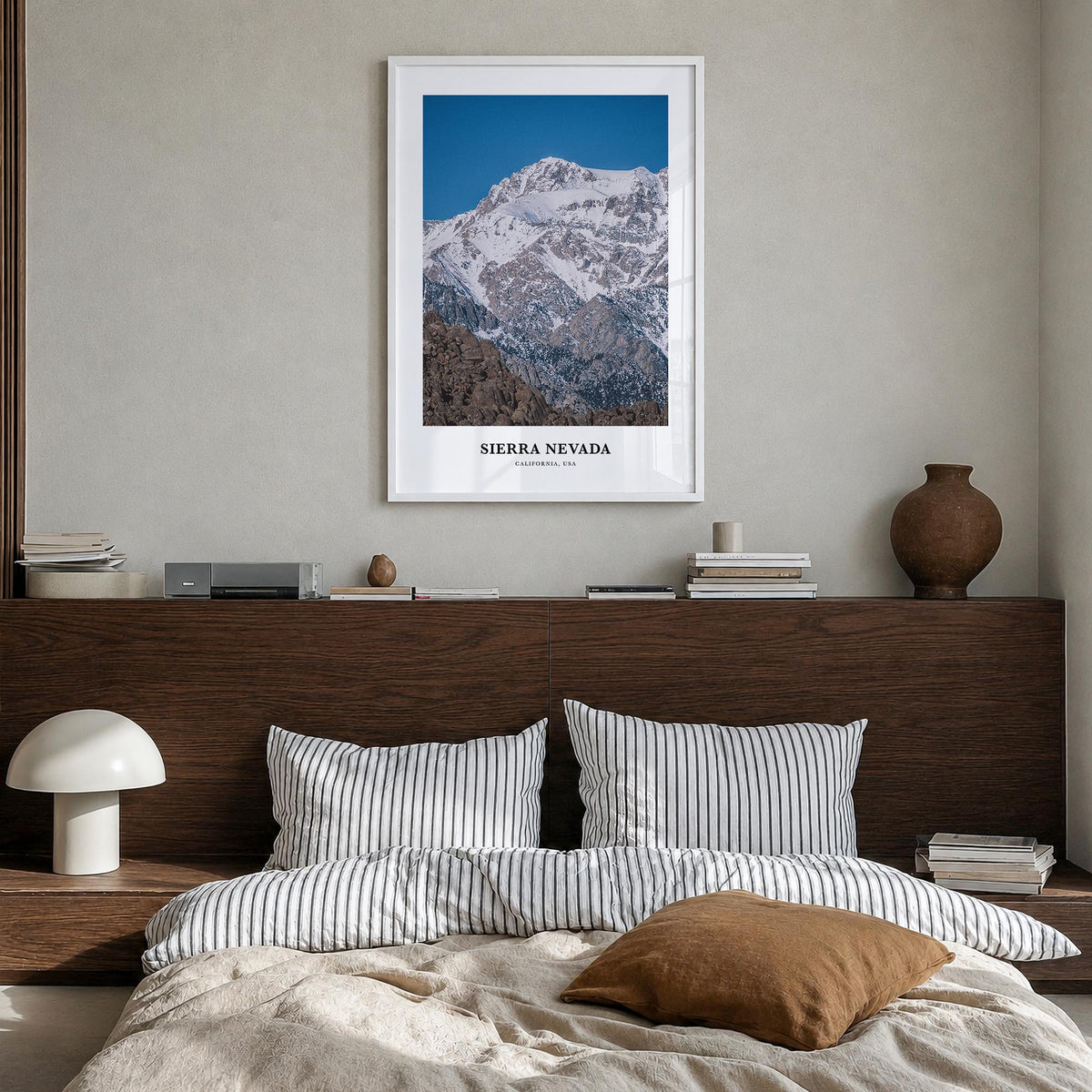 Sierra Nevada colorful classic poster of California & Nevada, USA – vertical wall art in white wood frame, hanging on wall