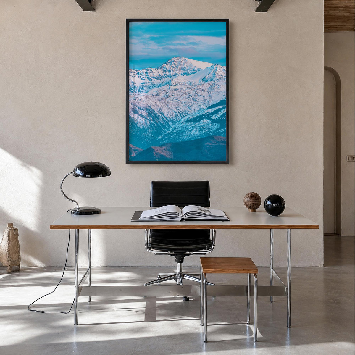 Sierra Nevada colorful photo poster of California & Nevada, USA – vertical wall art in black wood frame, hanging on wall