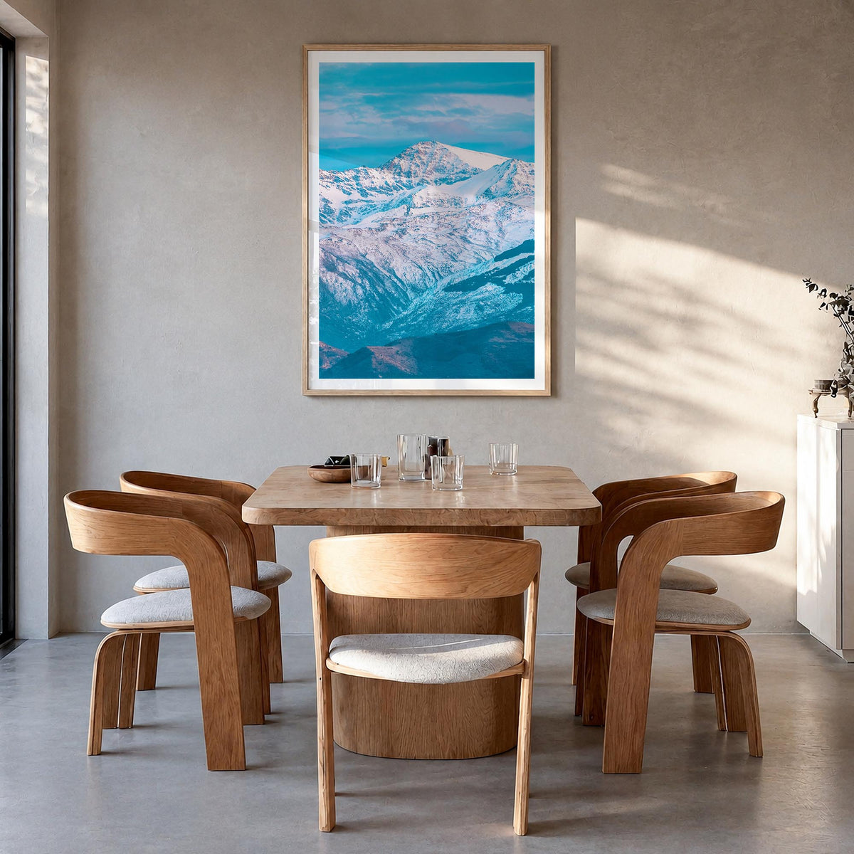 Sierra Nevada colorful photo poster of California & Nevada, USA – vertical wall art in natural wood frame with white border,
