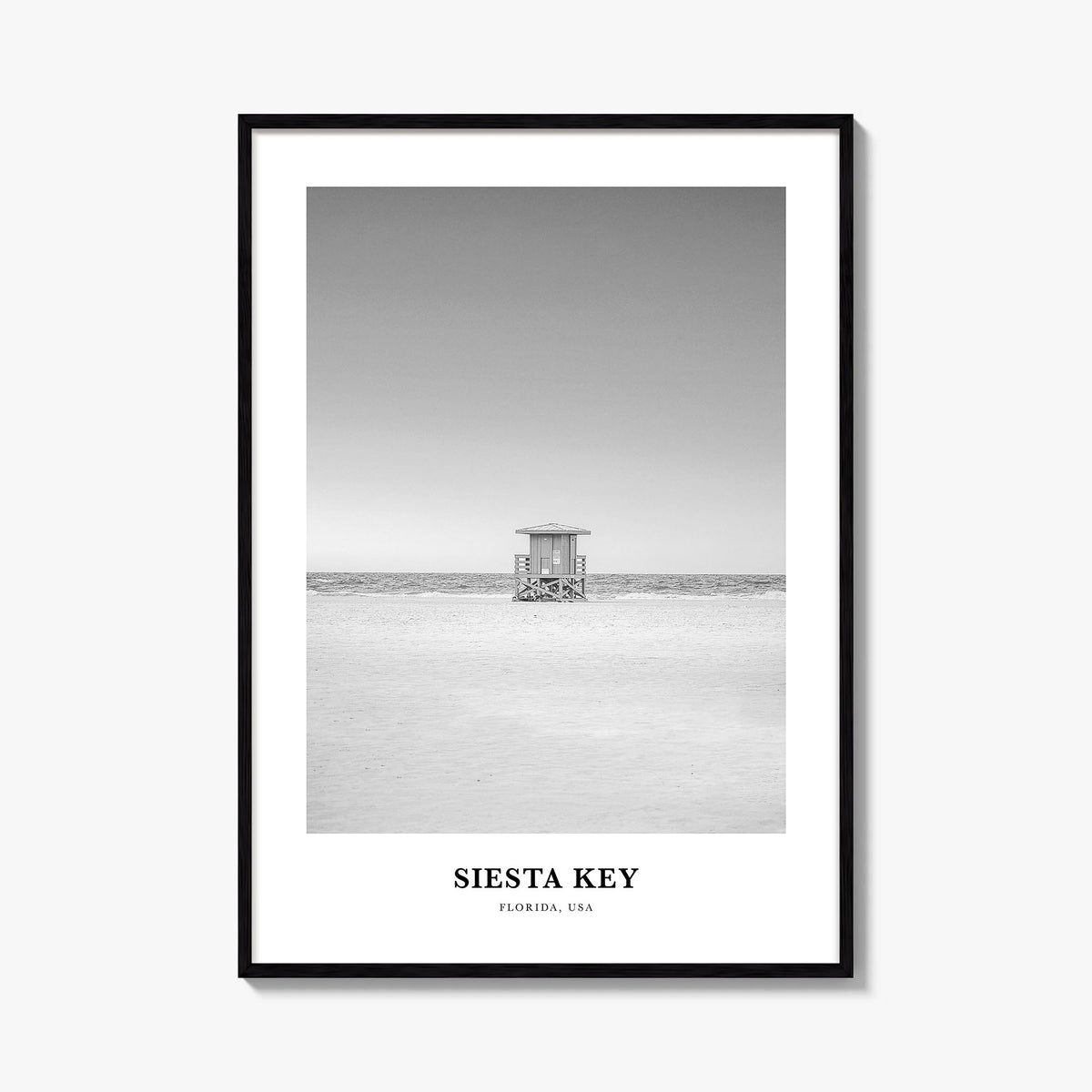 Siesta Key black & white classic poster of Florida, USA – vertical wall art, unframed print shown in interior mockup