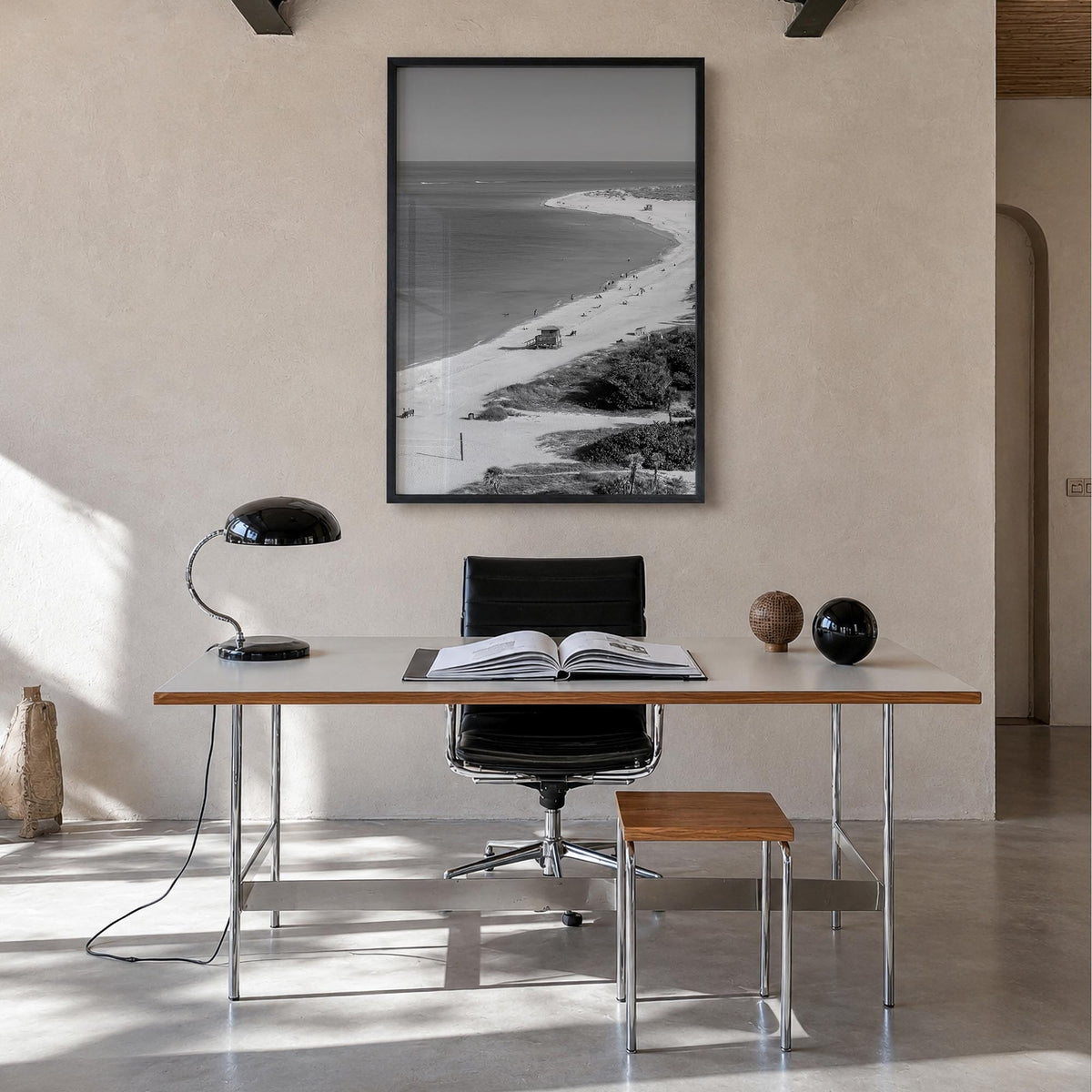Siesta Key black & white photo poster of Florida, USA – vertical wall art in black wood frame, hanging on wall