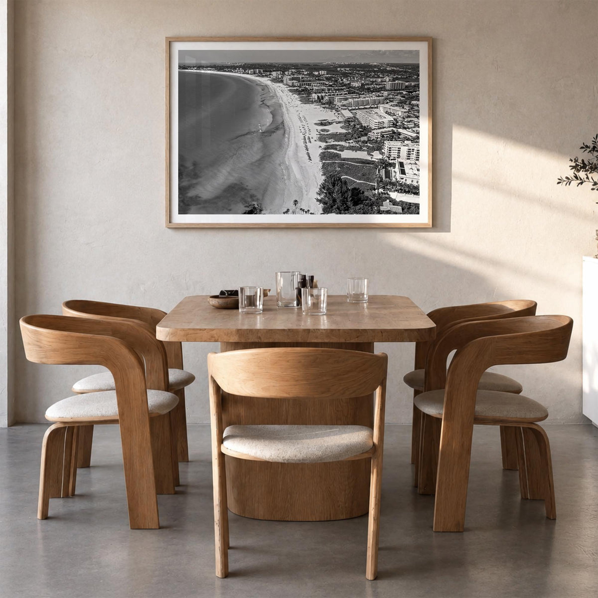 Siesta Key black & white photo poster of Florida, USA – horizontal wall art in natural wood frame with white border, hanging