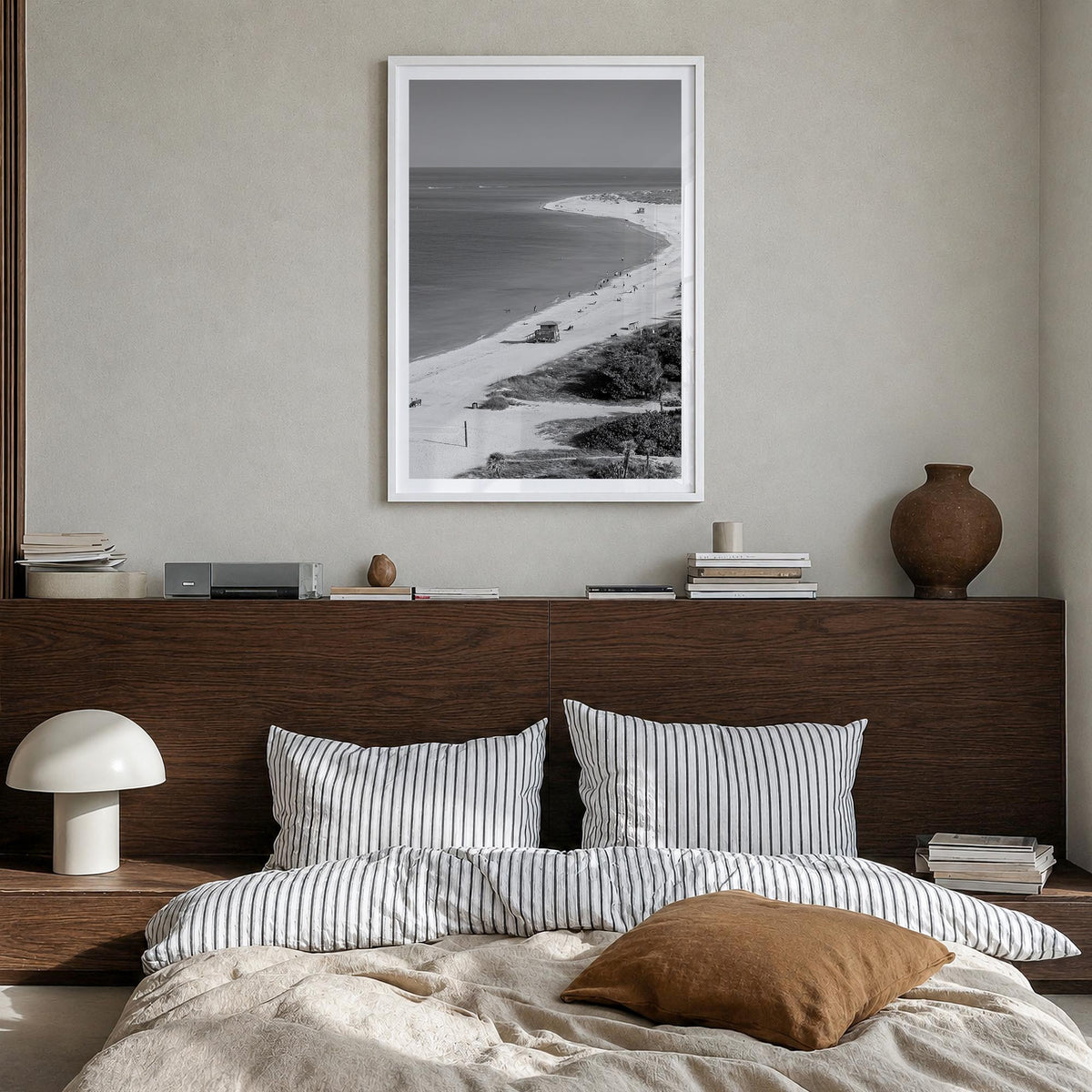 Siesta Key black & white photo poster of Florida, USA – vertical wall art in white wood frame with white border, hanging on w