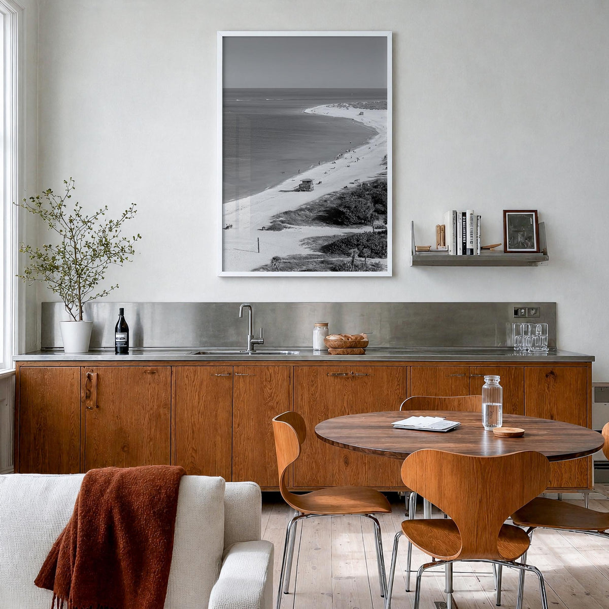 Siesta Key black & white photo poster of Florida, USA – vertical wall art in white wood frame, hanging on wall