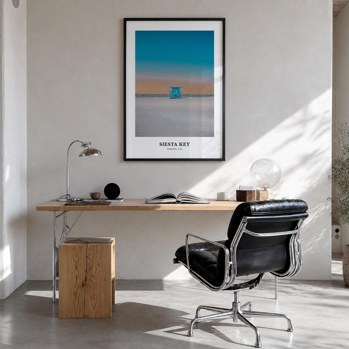 Siesta Key colorful classic poster of Florida, USA – vertical wall art in black wood frame, hanging on wall