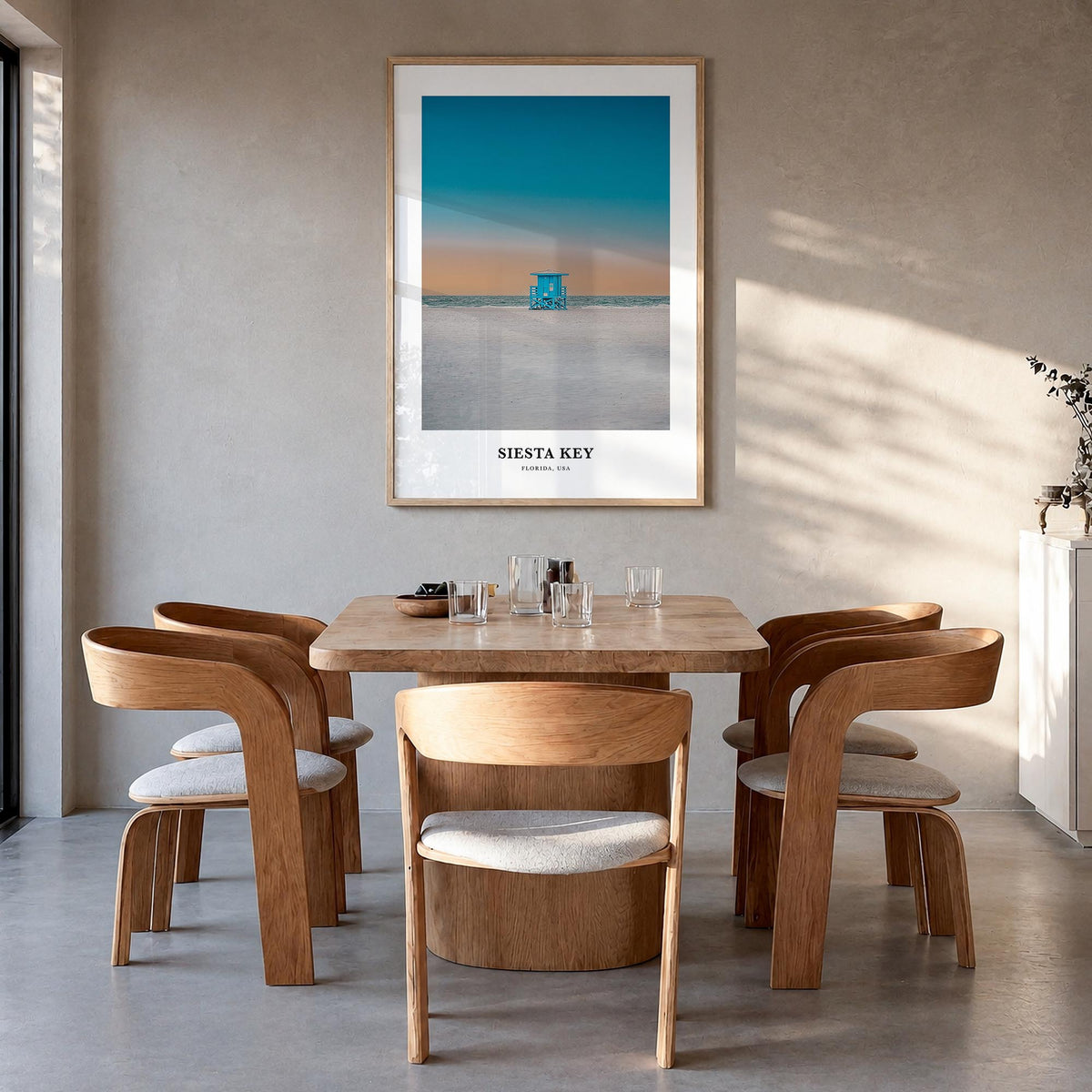 Siesta Key colorful classic poster of Florida, USA – vertical wall art in natural wood frame, hanging on wall