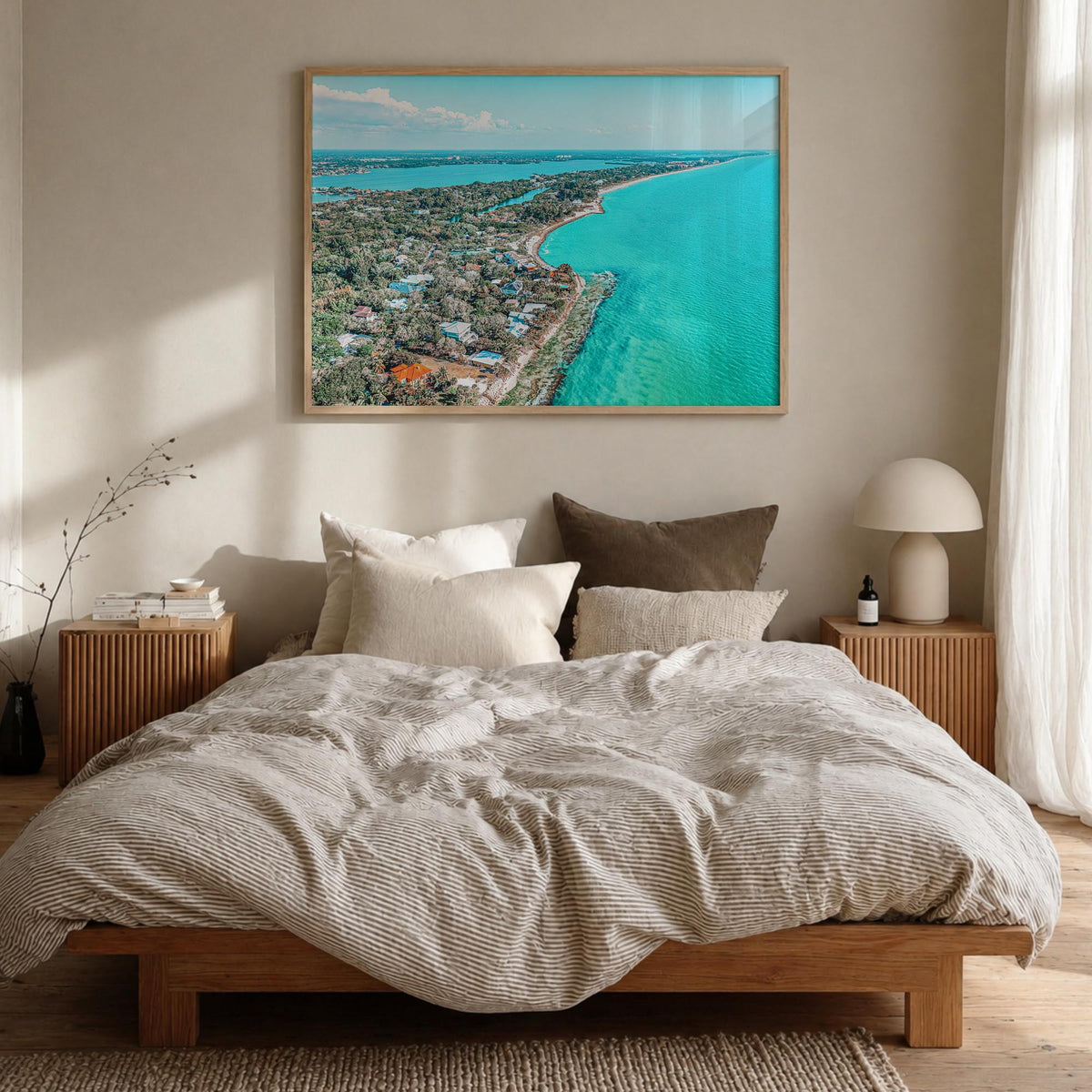 Siesta Key colorful photo poster of Florida, USA – horizontal wall art in natural wood frame, hanging on wall