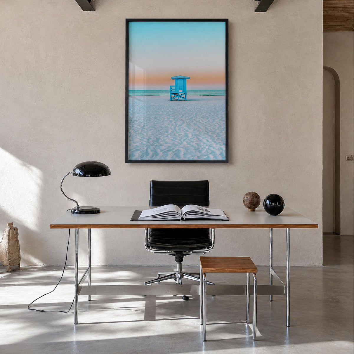 Siesta Key no. 2 colorful photo poster of Florida, USA – vertical wall art in black wood frame, hanging on wall