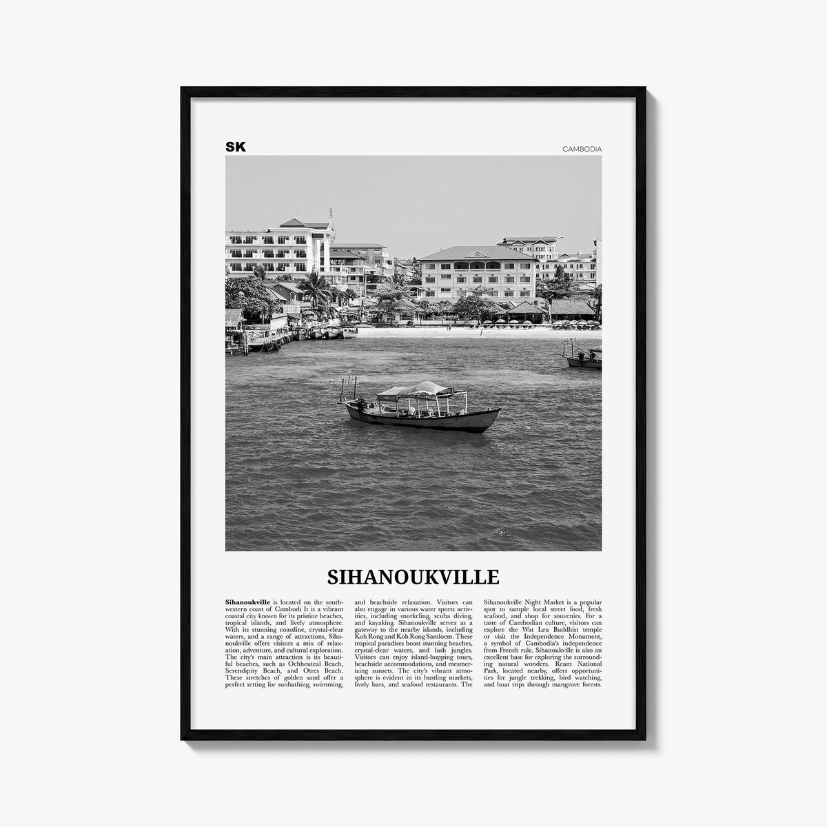 Sihanoukville black & white newspaper poster of Cambodia – vertical wall art, unframed print shown in interior mockup