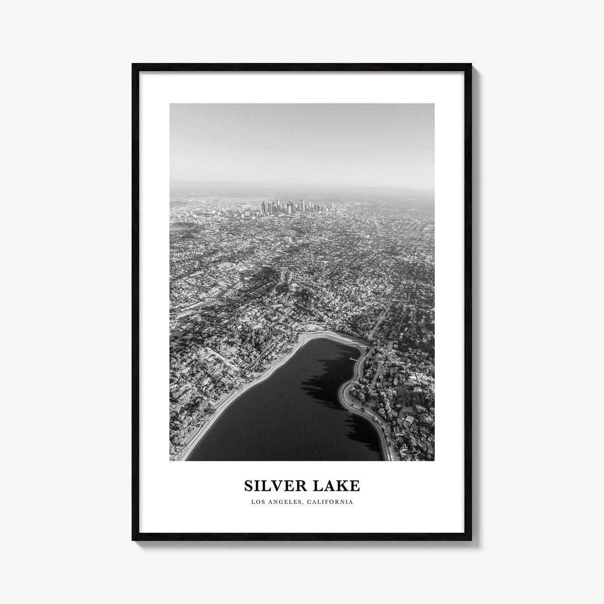 Silver Lake, Los Angeles black & white classic poster of California, USA – vertical wall art, unframed print shown in interio