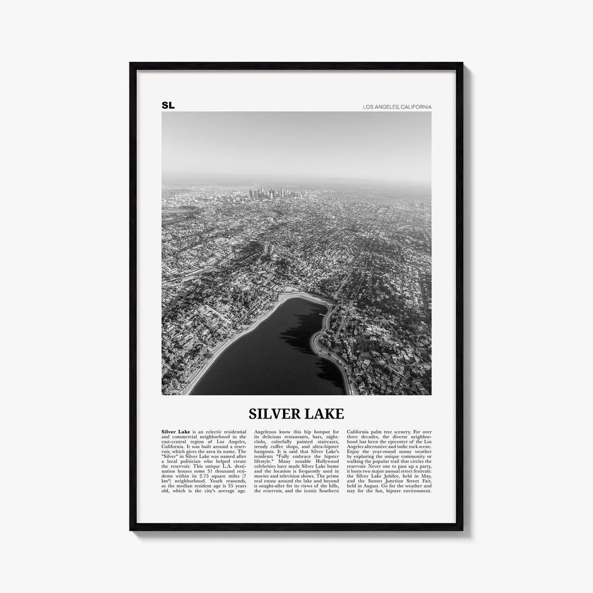 Silver Lake, Los Angeles black & white newspaper poster of California, USA – vertical wall art, unframed print shown in inter