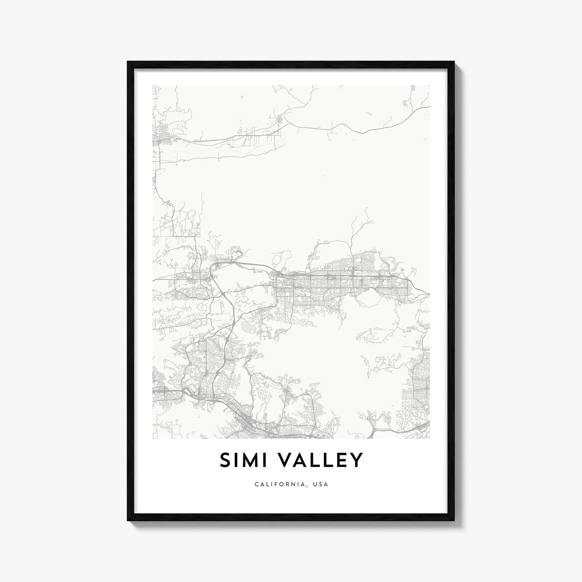 Simi Valley black & white map poster of California, USA – vertical wall art, unframed print shown in interior mockup