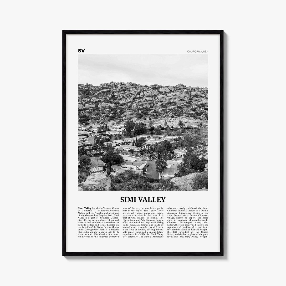 Simi Valley black & white newspaper poster of California, USA – vertical wall art, unframed print shown in interior mockup