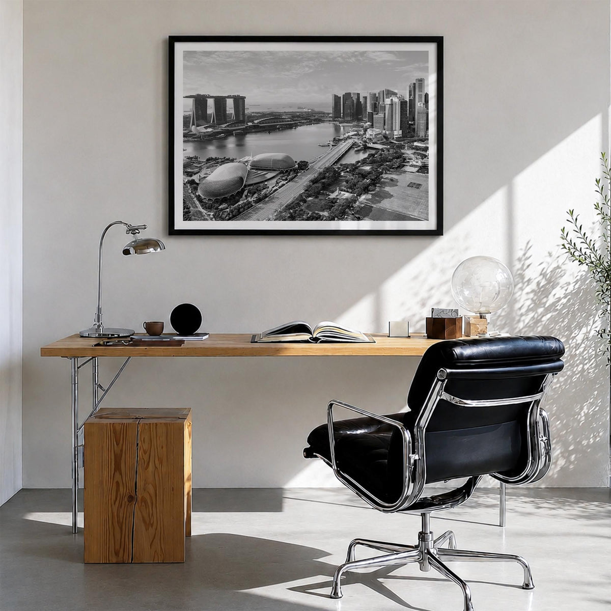 Singapore black & white photo poster of Asia – horizontal wall art in black wood frame with white border, hanging on wall