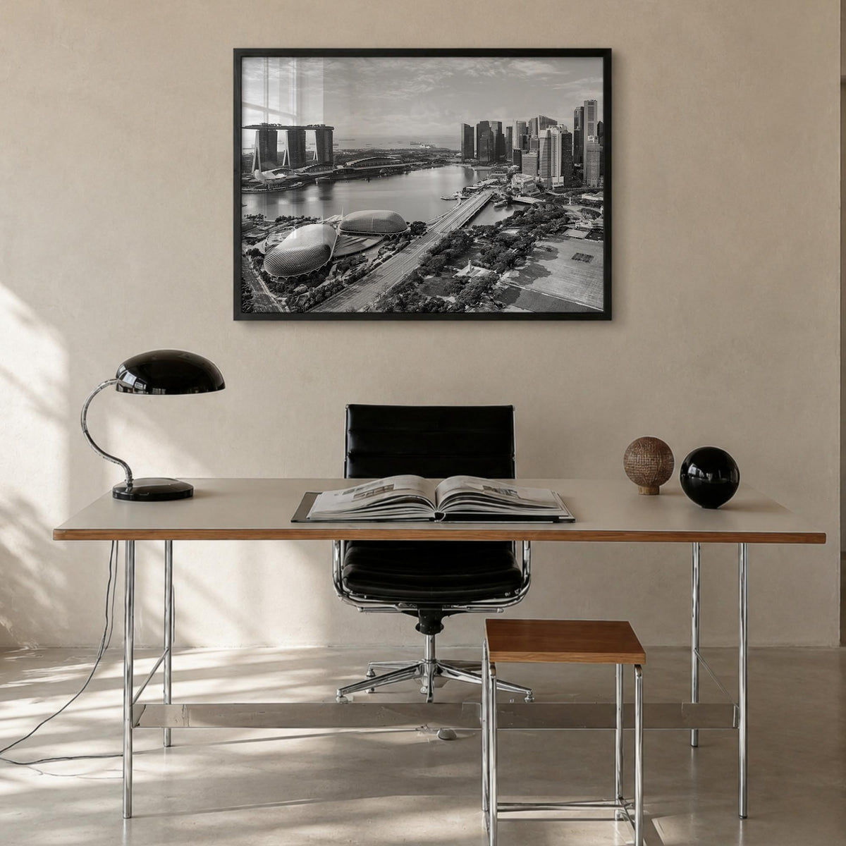 Singapore black & white photo poster of Asia – horizontal wall art in black wood frame, hanging on wall