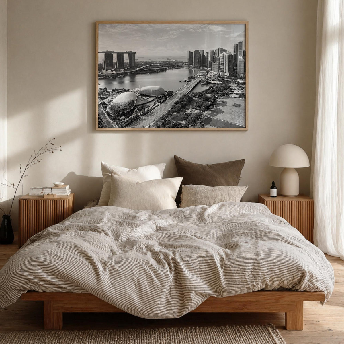 Singapore black & white photo poster of Asia – horizontal wall art in natural wood frame, hanging on wall
