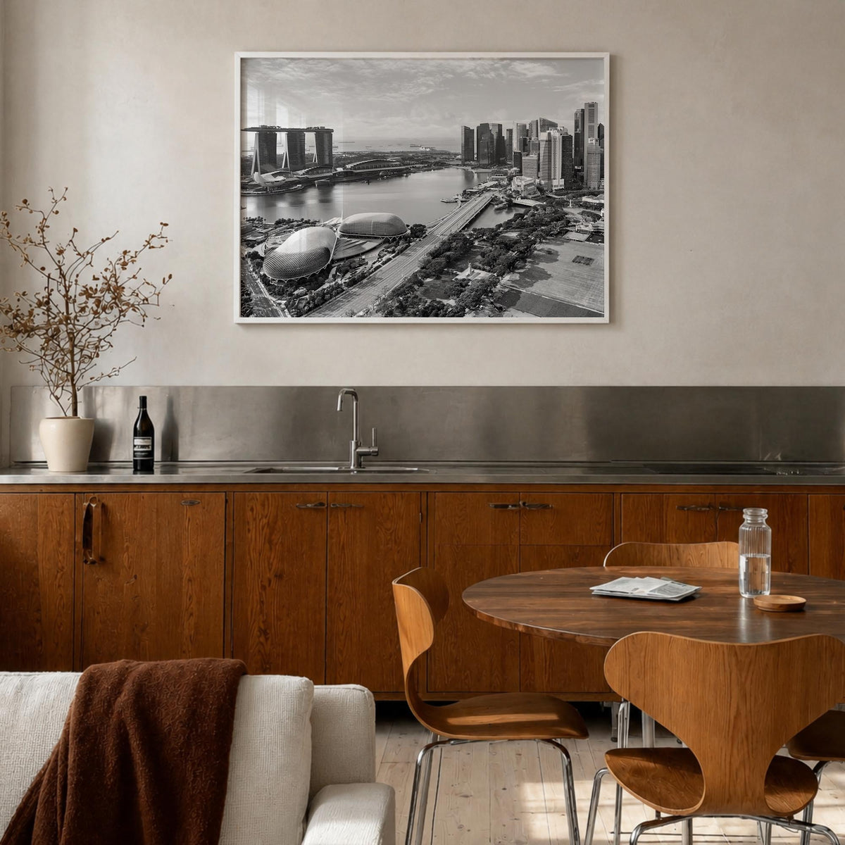 Singapore black & white photo poster of Asia – horizontal wall art in white wood frame, hanging on wall