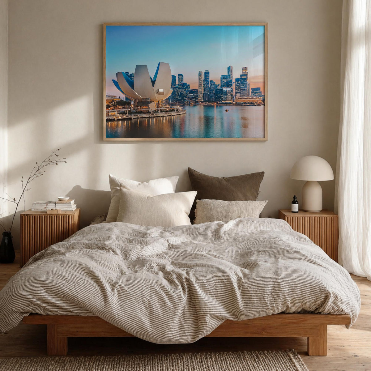 Singapore colorful photo poster of Asia – horizontal wall art in natural wood frame, hanging on wall