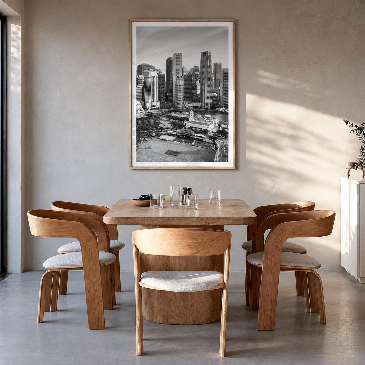 Singapore no. 1 black & white photo poster of Asia – vertical wall art in natural wood frame with white border, hanging on wa