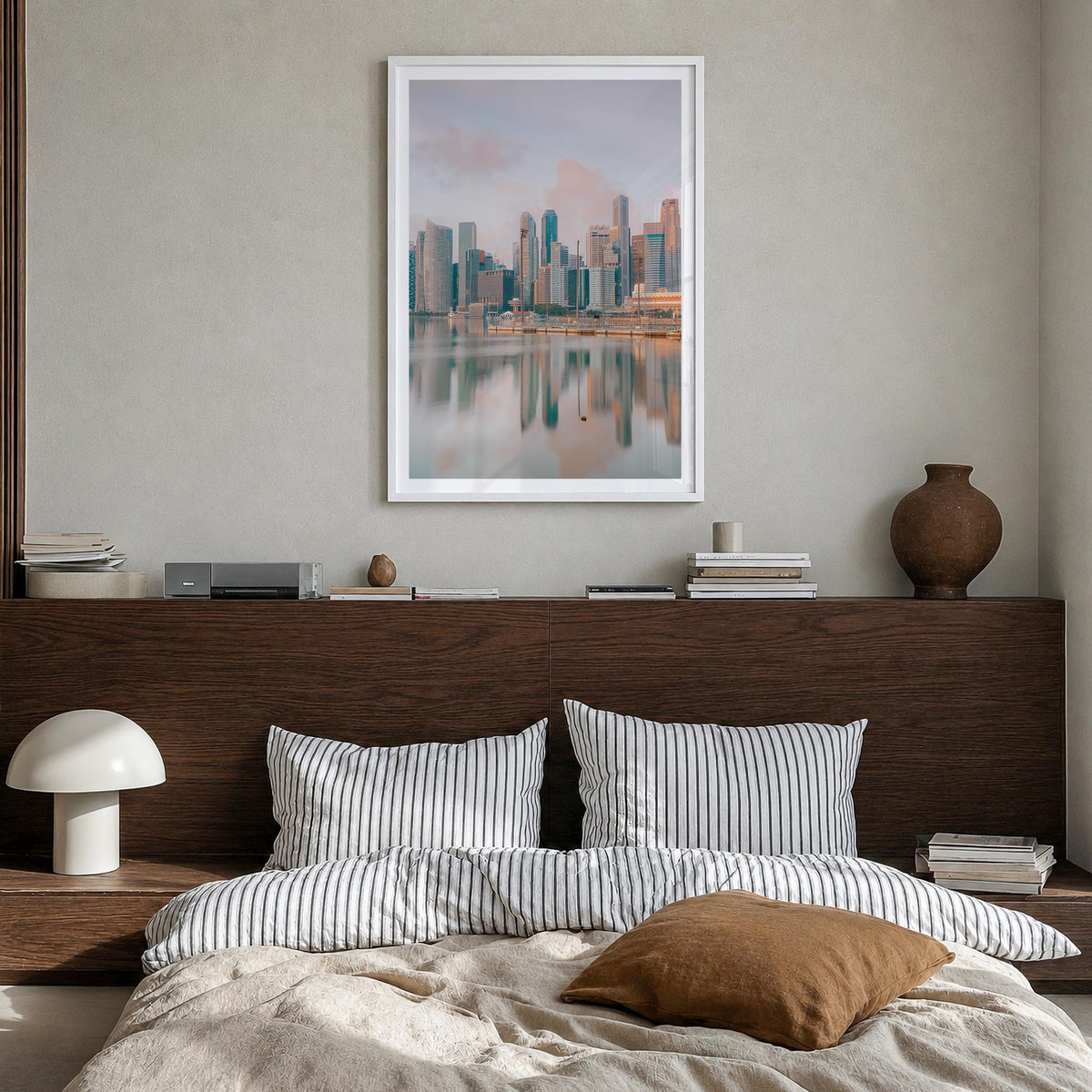 Singapore no. 1 colorful photo poster of Asia – vertical wall art in white wood frame with white border, hanging on wall