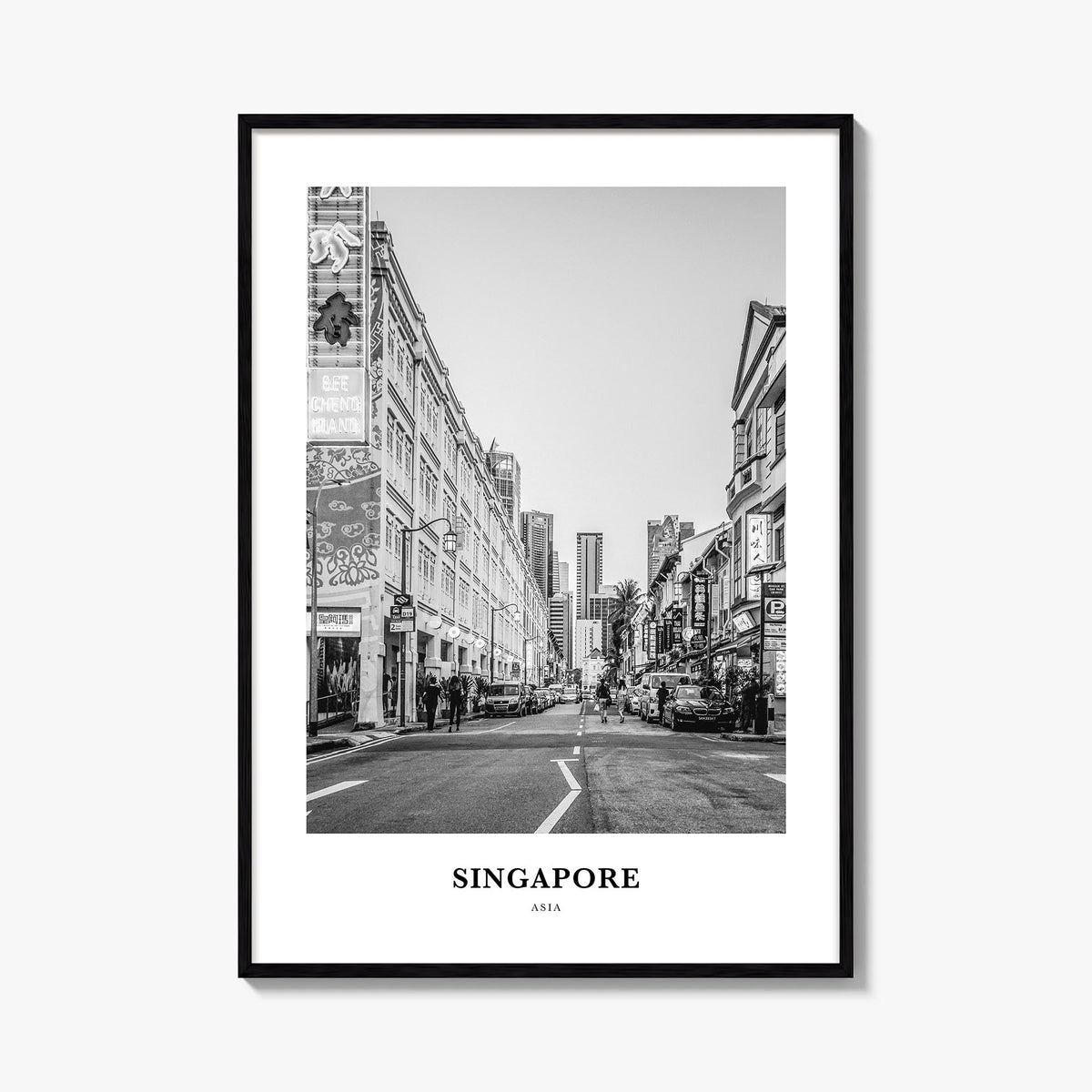 Singapore no. 2 black & white classic poster of Asia – vertical wall art, unframed print shown in interior mockup
