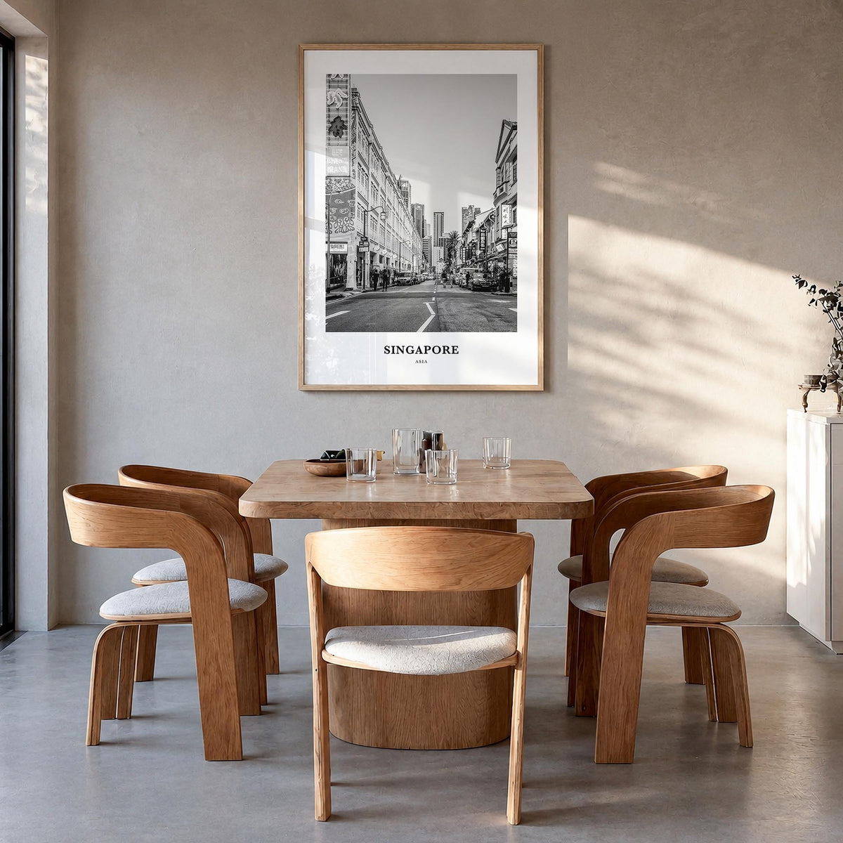 Singapore no. 2 black & white classic poster of Asia – vertical wall art in natural wood frame, hanging on wall