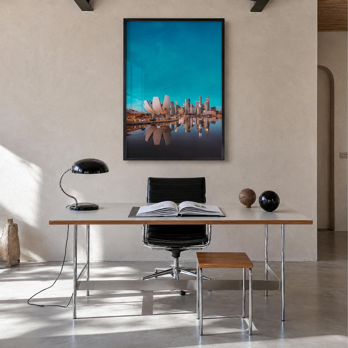Singapore no. 2 colorful photo poster of Asia – vertical wall art in black wood frame, hanging on wall