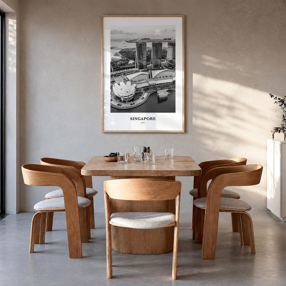 Singapore no. 3 black & white classic poster of Asia – vertical wall art in natural wood frame, hanging on wall