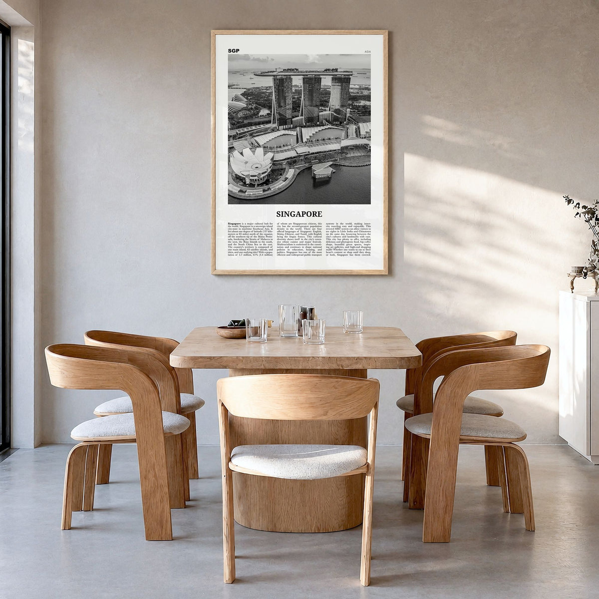 Singapore Newspaper No 3 Poster in a natural wood frame, hanging in a dining room