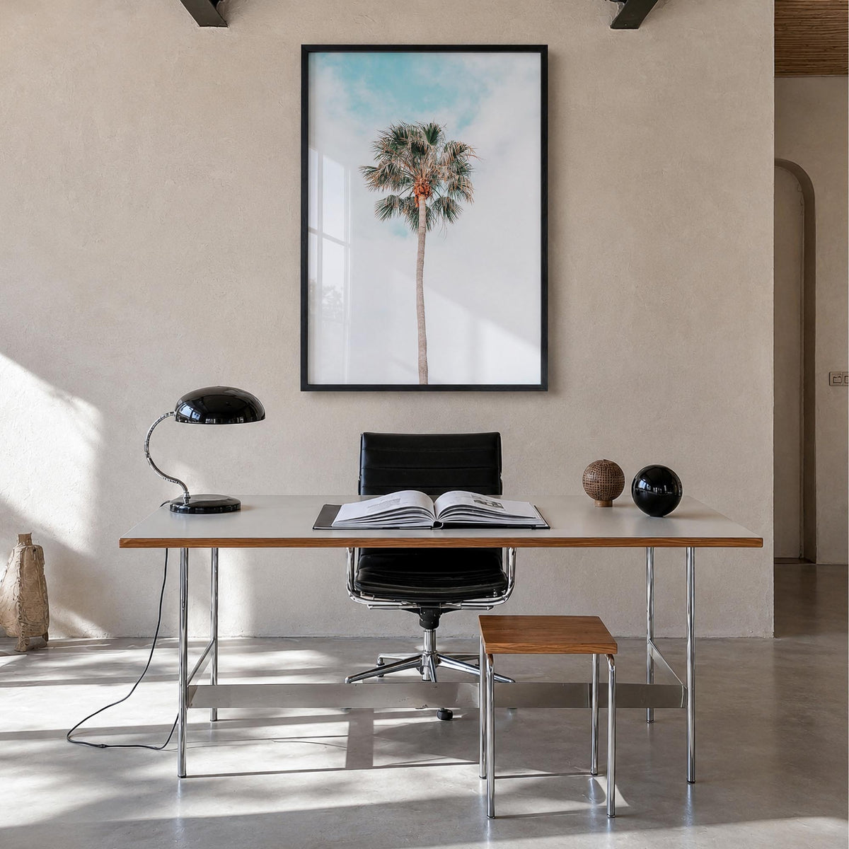 Single Palm Tree colorful photo poster – vertical wall art in black wood frame, hanging on wall