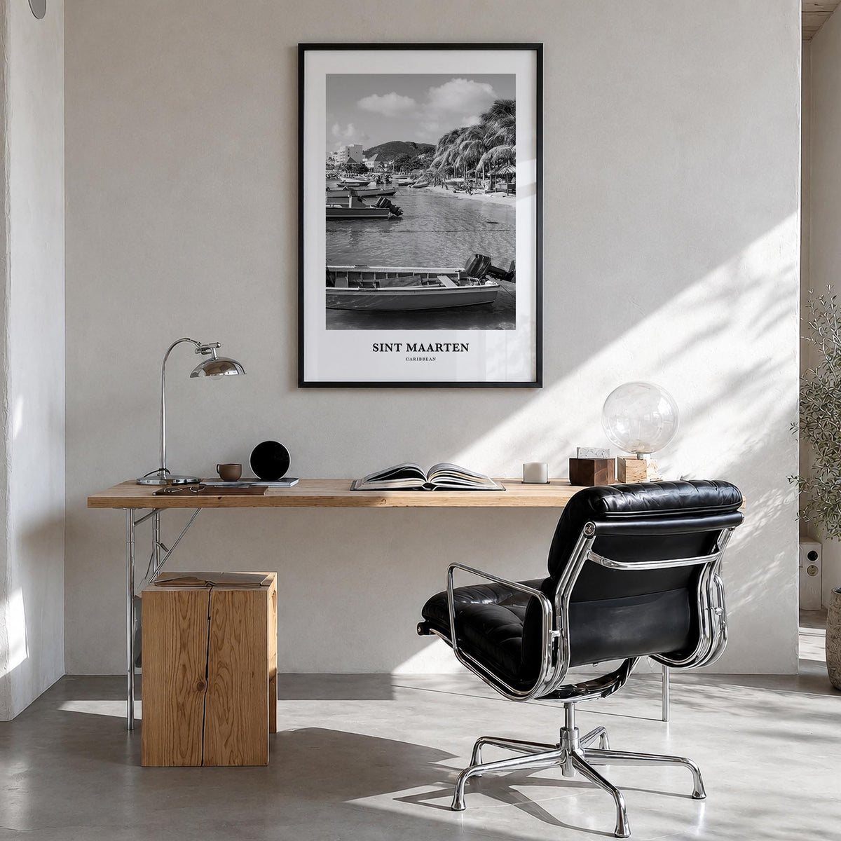 Sint Maarten no. 1 black & white classic poster of Caribbean – vertical wall art in black wood frame, hanging on wall