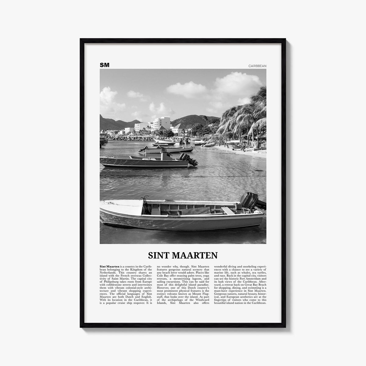 Sint Maarten no. 2 black & white newspaper poster of Caribbean – vertical wall art, unframed print shown in interior mockup