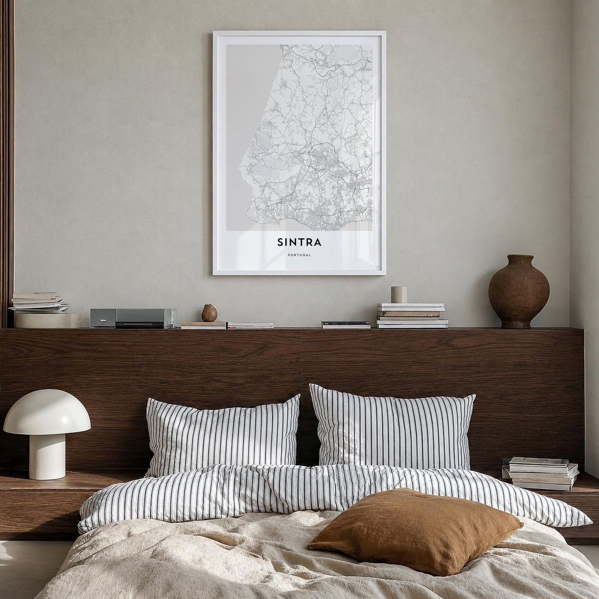 Sintra black & white map poster of Portugal – vertical wall art in white wood frame, hanging on wall