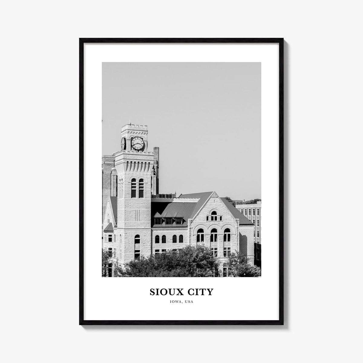 Sioux City black & white classic poster of Iowa, USA – vertical wall art, unframed print shown in interior mockup