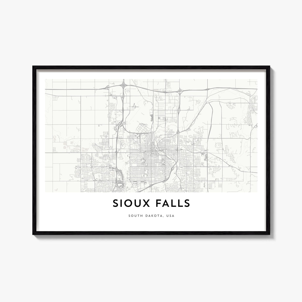 Sioux Falls black & white map poster of South Dakota, USA – horizontal wall art, unframed print shown in interior mockup