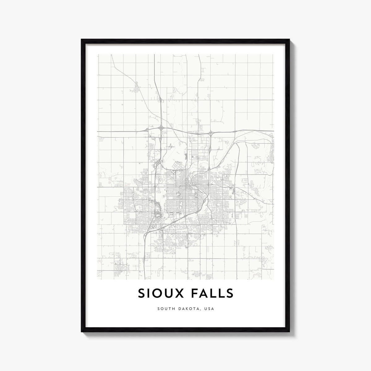 Sioux Falls black & white map poster of South Dakota, USA – vertical wall art, unframed print shown in interior mockup