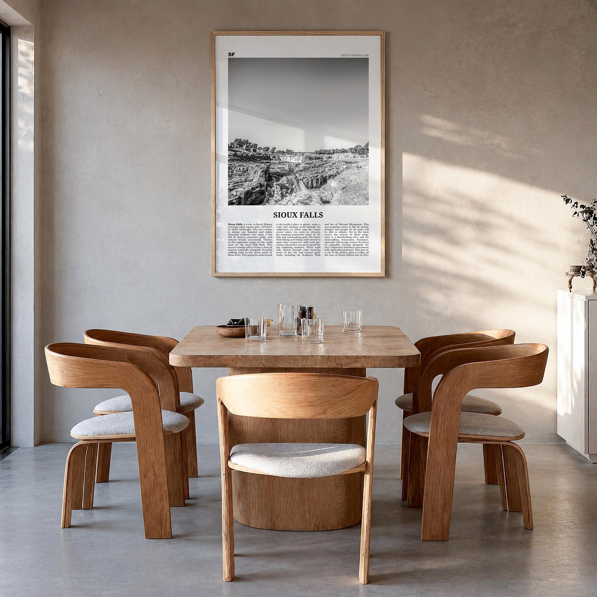 Sioux Falls black & white newspaper poster of South Dakota, USA – vertical wall art in natural wood frame, hanging on wall