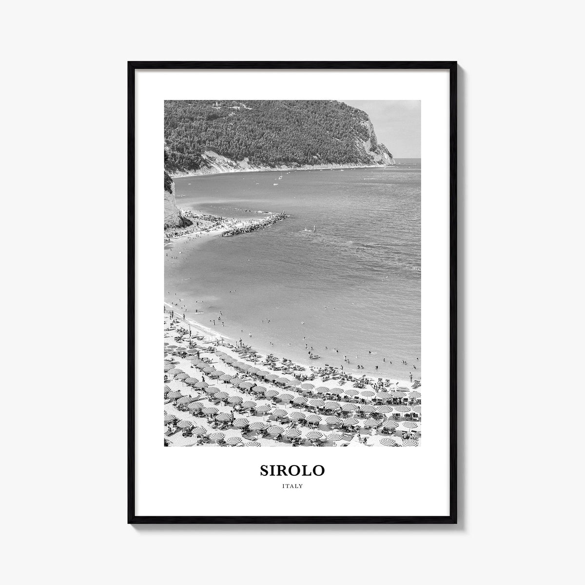 Sirolo black & white classic poster of Italy – vertical wall art, unframed print shown in interior mockup