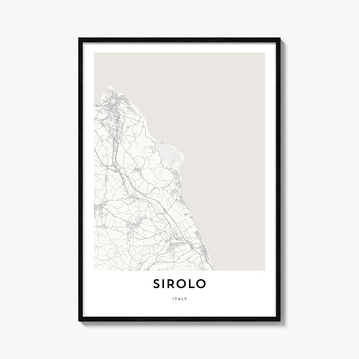 Sirolo black & white map poster of Italy – vertical wall art, unframed print shown in interior mockup