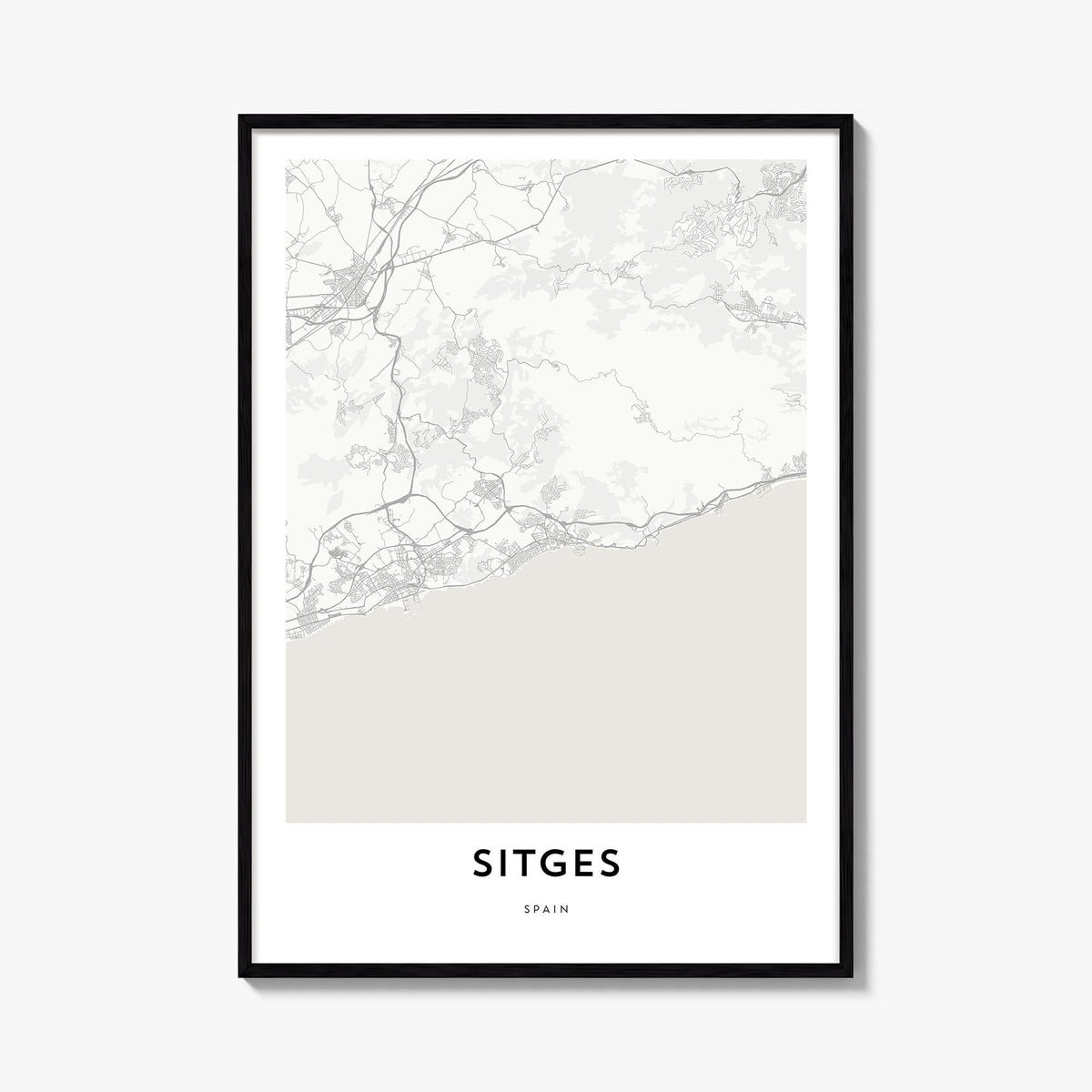 Sitges black & white map poster of Spain – vertical wall art, unframed print shown in interior mockup