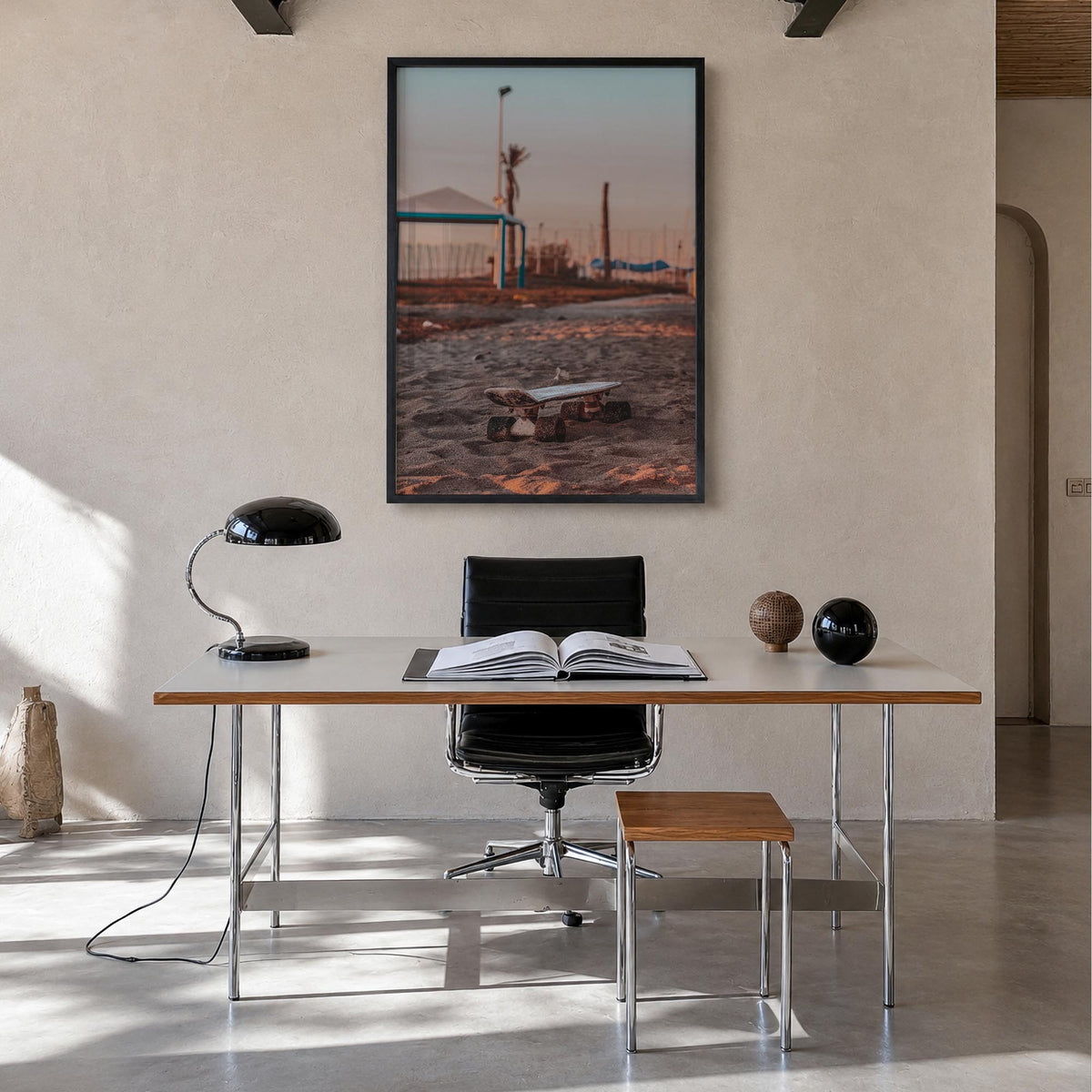 Skateboard colorful photo poster – vertical wall art in black wood frame, hanging on wall