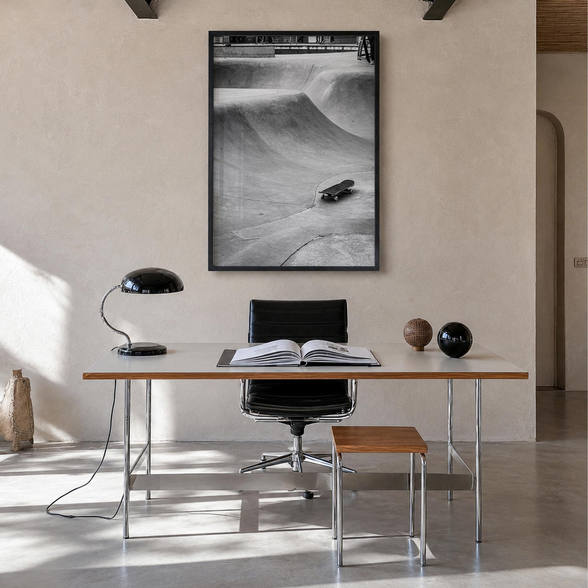 Skateboard no. 4 black & white photo poster – vertical wall art in black wood frame, hanging on wall