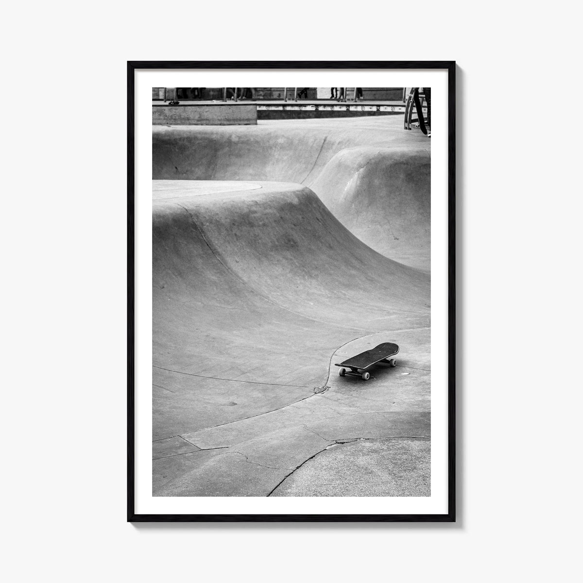 Skateboard no. 4 black & white photo poster – vertical wall art, unframed print shown in interior mockup